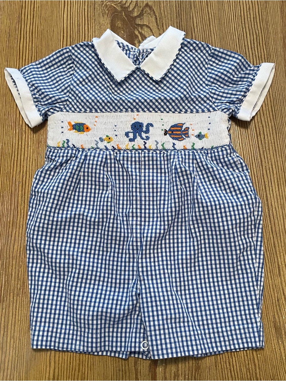 Carriage Boutiques Blue Gingham Smocked Baby Romper with Sea Animals